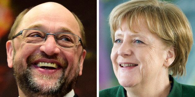 (COMBO) This combination of file pictures shows German Chancellor Angela Merkel (R, February 14, 2017 in Berlin) and the German social democratic SPD party's candidate for chancellorship Martin Schulz (January 25, 2017 in Berlin).US President Donald Trump's demand for NATO allies to boost defence spending is driving an election-year dispute between Chancellor Angela Merkel's conservatives and their centre-left challengers led by Martin Schulz. / AFP / Steffi LOOS AND Tobias SCHWARZ (Photo credit should read STEFFI LOOS,TOBIAS SCHWARZ/AFP/Getty Images)