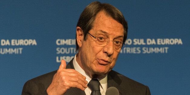 LISBON, PORTUGAL - JANUARY 28: The President of Cyprus Nicos Anastasiades delivers a statement to the press at the end of the Southern EU Countries Summit on January 28, 2017 in Lisbon, Portugal. The summit, hosted by the Portuguese Government, is being held to address EU challenges, from the refugee crisis to rising borrowing costs and low economic growth. It is attended by the President of France Francois Hollande, Greek Prime Minister Alexis Tsipras, Spanish Prime Minister Mariano Rajoy, Prime Minister of Italy Paolo Gentiloni, Malta's Prime Minister Joseph Muscat, and the President of Cyprus Nicos Anastasiades. (Photo by Horacio Villalobos - Corbis/Corbis via Getty Images)