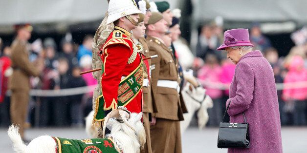TIDWORTH, UNITED KINGDOM - MARCH 03: (EMBARGOED FOR PUBLICATION IN UK NEWSPAPERS UNTIL 48 HOURS AFTER CREATE DATE AND TIME) Queen Elizabeth II, in her role as Colonel-In-Chief of The Royal Welsh, attends a review and presentation of leeks to soldiers of The Royal Welsh to mark St David's Day at Lucknow Barracks on March 3, 2017 in Tidworth, England. The Royal Welsh is an Armoured Infantry Battalion of the British Army, formed on St David's Day in 2006, following an amalgamation of The Royal Welch Fusiliers and The Royal Regiment of Wales. (Photo by Max Mumby/Indigo/Getty Images)