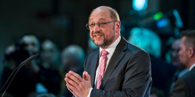LEIPZIG, GERMANY - FEBRUARY 26: Martin Schulz, chancellor candidate of the German Social Democrats (SPD), speaks at a campaign event on February 27, 2017 in Leipzig, Germany. Schulz announced his candidacy in January and has since seen strong support in recent polls that give a lead over current chancellor and Christian Democrat Angela Merkel. Germany is scheduled to hold federal elections in September. Today was his first large-scale campaign event in eastern Germany, where the populist and right-wing Alternative fuer Deutschland (AfD) has garnered a strong base of support. (Photo by Jens-Ulrich Koch/Getty Images)