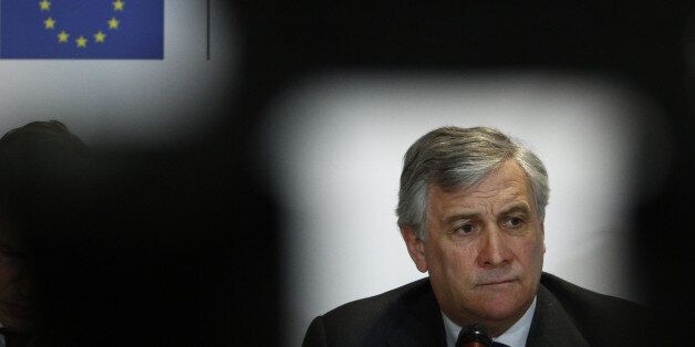 BERLIN, GERMANY - FEBRUARY 24: European Parliament president Antonio Tajani speaks during a Press conference in the german representation office of the european union during his visit on February 24, 2017 in Berlin, Germany. The former Italian right wind party politicians belonging to Berlusconi's Forza Italia Party also answered questions regarding populism in the EU and cars regulations policy during his period as commissioner for infrastructures in the european commission. (Photo by Michele Tantussi/Getty Images)