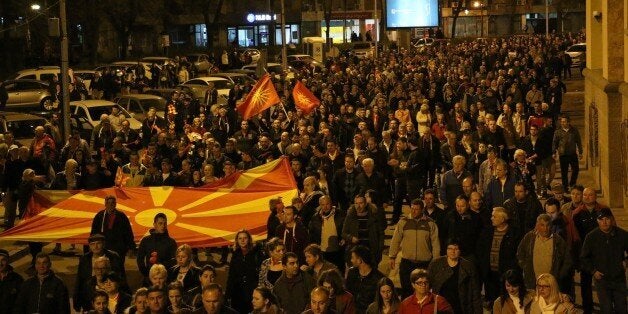 SKOPJE, MACEDONIA - FEBRUARY 28: People gather to protest against leader of the Social Democratic Union of Macedonia Zoran Zaev after he accepted Albanian platform in Skopje, Macedonia on February 28, 2017. (Photo by Besar Ademi/Anadolu Agency/Getty Images)