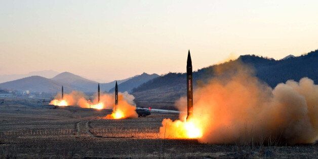 TOPSHOT - This undated picture released by North Korea's Korean Central News Agency (KCNA) via KNS on March 7, 2017 shows the launch of four ballistic missiles by the Korean People's Army (KPA) during a military drill at an undisclosed location in North Korea.Nuclear-armed North Korea launched four ballistic missiles on March 6 in another challenge to President Donald Trump, with three landing provocatively close to America's ally Japan. / AFP PHOTO / KCNA VIA KNS / STR / South Korea OUT / REPUBLIC OF KOREA OUT ---EDITORS NOTE--- RESTRICTED TO EDITORIAL USE - MANDATORY CREDIT 'AFP PHOTO/KCNA VIA KNS' - NO MARKETING NO ADVERTISING CAMPAIGNS - DISTRIBUTED AS A SERVICE TO CLIENTSTHIS PICTURE WAS MADE AVAILABLE BY A THIRD PARTY. AFP CAN NOT INDEPENDENTLY VERIFY THE AUTHENTICITY, LOCATION, DATE AND CONTENT OF THIS IMAGE. THIS PHOTO IS DISTRIBUTED EXACTLY AS RECEIVED BY AFP. / (Photo credit should read STR/AFP/Getty Images)