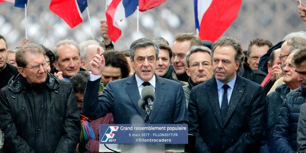 PARIS, FRANCE - MARCH 05: French presidential election candidate for the right-wing 'Les Republicains' (LR) party Francois Fillon delivers a speech during a campaign rally organized to support him at the 'place du Trocadero' on March 5, 2017, in Paris, France. Francois Fillon announced this week that he will be placed under formal investigation. Despite the desertion of the members of his party who asked him to give up the presidential election, Francois Fillon decided to maintain his candidacy. (Photo by Chesnot/Getty Images)
