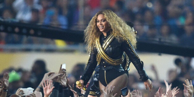 Feb 7, 2016; Santa Clara, CA, USA; Beyonce performs at halftime in Super Bowl 50 between the Carolina Panthers and the Denver Broncos at Levi's Stadium. Mandatory Credit: Robert Hanashiro-USA TODAY Sports