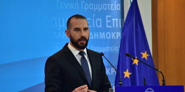 GENERAL PRESS SECRETARY, ATHENS, ATTIKI, GREECE - 2017/02/07: Dimitris Tzanakopoulos, Greek Minister of State and Government's Spokesman, during the press conference.In preparation of the Public Debt Management Agency agreement with the investment bank Rothschild said Government Spokesman Dimitris Tzanakopoulos, after the complaints of the vice President of New Democracy party, Mr. Adonis Georgiadis.For the assessment, Mr. Tzanakopoulos said that the ongoing initiatives in many quarters that the