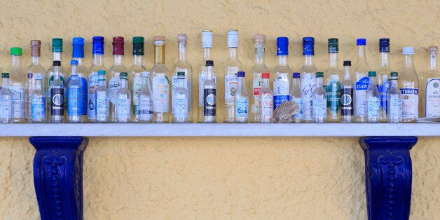 Ouzo bottles, Port of Katakolon, Peloponnese, Greece, Europe.