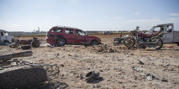 ALEPPO, SYRIA - FEBRUARY 24: Site of the bomb attack by the Daesh terrorist group killing at least 35 people in northern Syria's strategic Al-Bab area on February 24, 2017. Daesh detonated a bomb-laden vehicle at a Free Syrian Army (FSA) position in Susyan village, according to local sources. Initial reports indicated at least 35 people died, with civilians and FSA members among the fatalities, the sources added. (Photo by Emin Sansar/Anadolu Agency/Getty Images)