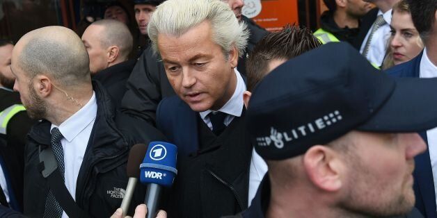 Dutch far-right politician and leader of the Partij Voor De Vrijheid (PVV or Freedom Party) Geert Wilders (C) addresses journalists as he officially launches his parliamentary election campaign in Spijkenisse on February 18, 2017. Firebrand Dutch anti-Islam MP Geert Wilders launched his election campaign with a stinging attack on the country's Moroccan population, saying he wanted to give The Netherlands back to the 'Dutch people'. / AFP / JOHN THYS (Photo credit should read JOHN THYS/AFP/Getty Images)