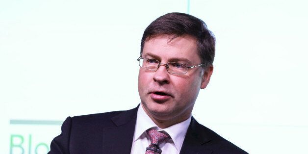 Valdis Dombrovskis, vice president of the European Commission, delivers a keynote speech during Capital Markets Union event in London, U.K., on Friday, Feb. 10, 2017. 'We are sensitive to talk of unpicking financial legislation which applies carefully negotiated international standards and rules,' Dombrovskis said in London on Friday. Photographer: Chris Ratcliffe/Bloomberg via Getty Images