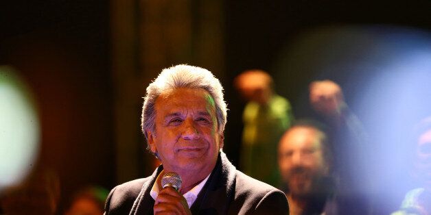 Lenin Moreno, candidate of the ruling PAIS Alliance Party, celebrates the early results of the presidential election with supporters in Quito, Ecuador February 19, 2017. REUTERS/Mariana Bazo