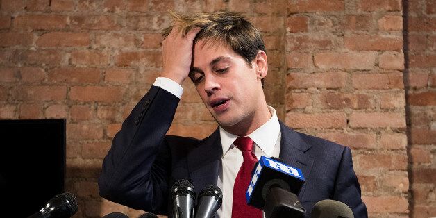 NEW YORK, NY - FEBRUARY 21: Milo Yiannopoulos announces his resignation from Brietbart News during a press conference, February 21, 2017 in New York City. After comments he made regarding pedophilia surfaced in an online video, Yiannopoulos was uninvited to speak at the Conservative Political Action Conference (CPAC) and lost a major book deal with Simon & Schuster. (Photo by Drew Angerer/Getty Images)