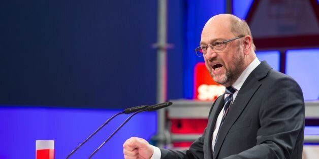 Martin Schulz, former European parliament president and candidate for Chancellor of Germany's social democratic SPD party, speaks during a conference of his party in Bielefeld, northwestern Germany, on February 20, 2017.The event was titled 'Work for the Future - Design of Digital Work Environments'. / AFP / dpa / Friso Gentsch / Germany OUT (Photo credit should read FRISO GENTSCH/AFP/Getty Images)