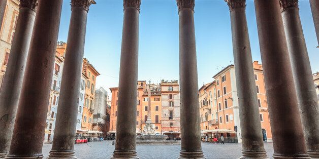 Rotonda square seen from Pantheon columns, Rome, Italy