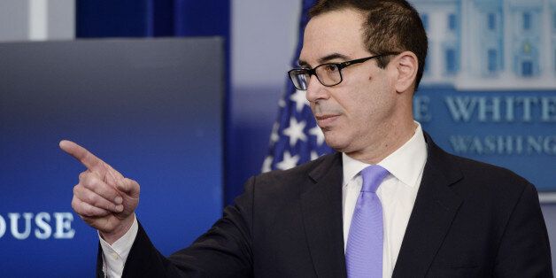 Steven Mnuchin, U.S. treasury secretary, gestures inside the Press Briefing Room of the White House in Washington, D.C., U.S., on Tuesday, Feb. 14, 2017. With U.S. President Donald Trump's Treasury secretary finally in place, finance chiefs around the world have a direct link into an administration not shy about criticizing foreign currency policies. Photographer: Olivier Douliery/Pool via Bloomberg