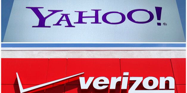 A combination photo shows Yahoo logo in Rolle, Switzerland (top) in 2012 and a Verizon sign at a retail store in San Diego, California, U.S. In 2016. REUTERS/File Photos