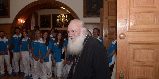 ARCHBISHOP OF ATHENS, ATHENS, ATTIKI, GREECE - 2016/07/15: Orthodox Archbishop of Athens and all Greece Mr. Ieronimos,is entering the hall in order to bless the Greek Olympic Athletes for their participation for the Olympic Games in Rio 2016. (Photo by Dimitrios Karvountzis/Pacific Press/LightRocket via Getty Images)