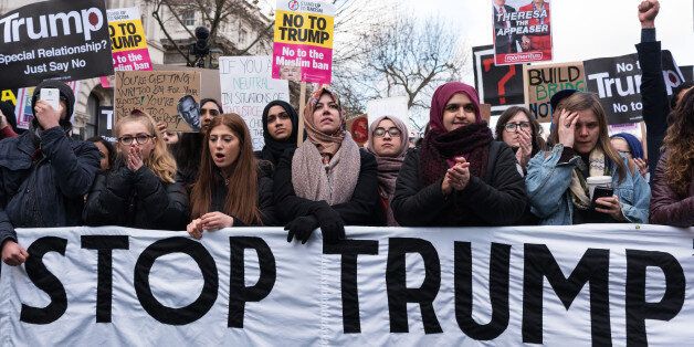LONDON, Feb. 4, 2017 : Thousands of demonstrators protest against Donald Trump travel ban on Muslim's travelling to the United States in central London on Feb. 4, 2017. (Xinhua/Ray Tang via Getty Images)