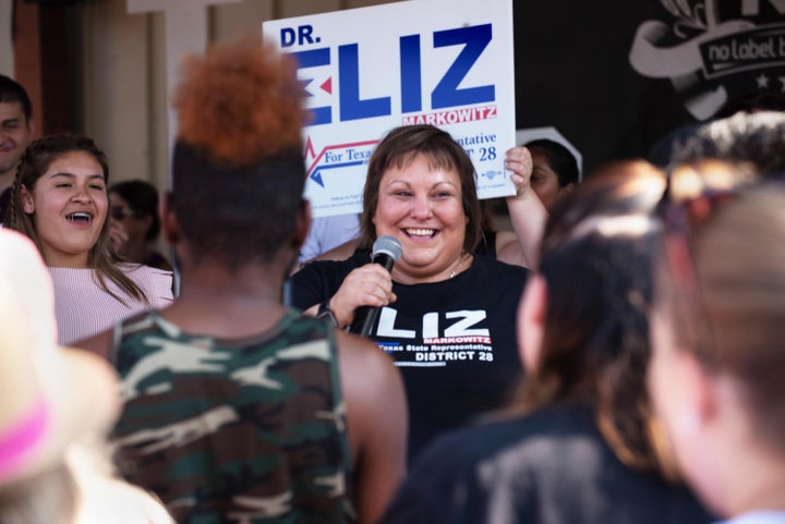 Eliz Markowitz speaks to voters at a Sept. 14 rally with Beto O’Rourke. Democrats hope her victory in an upcoming special election will threaten the GOP majority in Texas.