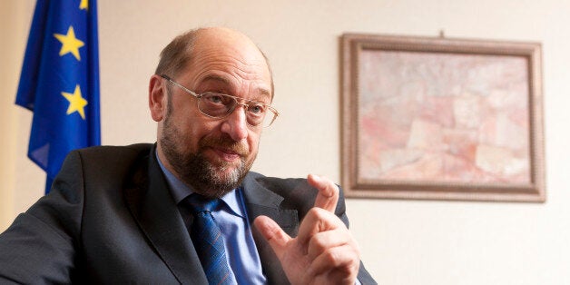 Brussels, Belgium, January 11; 2012...Chair of the Group of the Progressive Alliance of Socialists and Democrats (S&D) in the European Parliament, candidate for the president of the European Parliament Martin SCHULZ answers questions during an interview in his office. (Photo by Thierry Tronnel/Corbis via Getty Images)