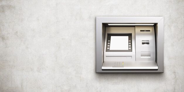 Built-in ATM machine with blank display on concrete background. Mock up, 3D Rendering