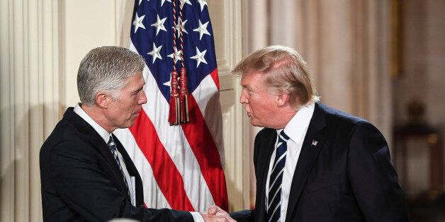 WASHINGTON, DC - JANUARY 31: President Trump shakes the hand of Judge Neil Gorsuch during a Supreme Court of the United States nominee announcement in the East Room at the White House in Washington, DC on Tuesday, Jan. 31, 2017. (Photo by Jabin Botsford/The Washington Post via Getty Images)