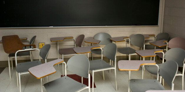 CHAPEL HILL, NC - March 30: A chalkboard and desks sit in an empty classroom on campus at the University of North Carolina on March 30, 2016, in Chapel Hill, North Carolina. (Photo by Ann Hermes/The Christian Science Monitor via Getty Images)