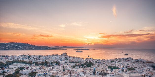 Sunset high angle view of the cityscape of Mykonos, Greece