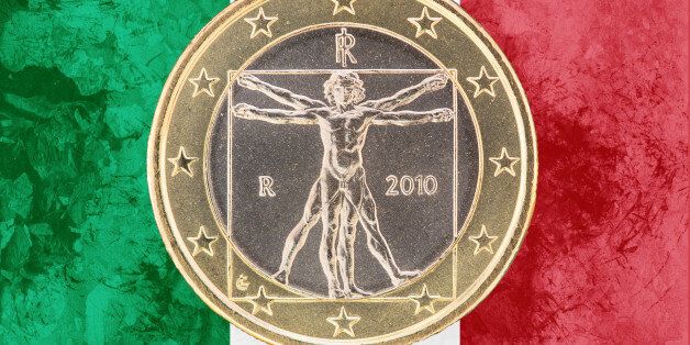 National side of one euro coin from Italy isolated on the italian flag as background