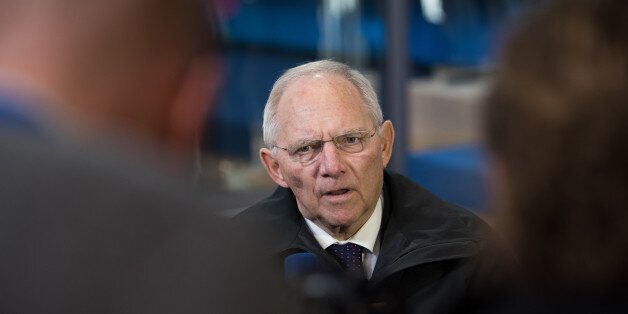 Wolfgang Schaeuble, Germany's finance minister, speaks to journalists as he arrives for a Eurogroup meeting of euro-area finance ministers at the Europa building in Brussels, Belgium, on Thursday, Jan. 26, 2017. Greece has less than a month to iron out disagreements with its creditors over how to move forward with a rescue package that has been keeping the country afloat since 2010. Photographer: Jasper Juinen/Bloomberg via Getty Images