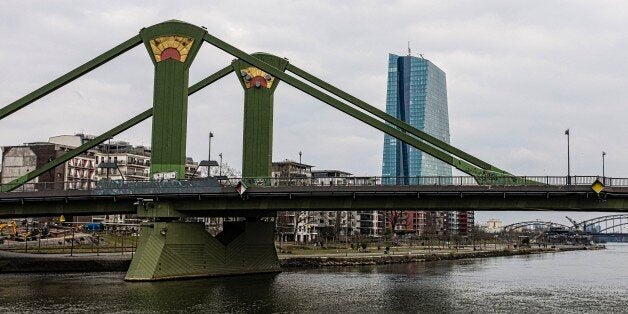 View of the Floesserbruecke main pylon and the new European Central Bank building, from the Main river in Frankfurt, Germany, 15 March 2015. Frankfurt offers numerous options for short and long sailing tours. A short distance away from the Roemer, directly on the Main quay at the Eiserner Steg, there is the main boarding pad for these boats. (Photo by Horacio Villalobos/Corbis via Getty Images)