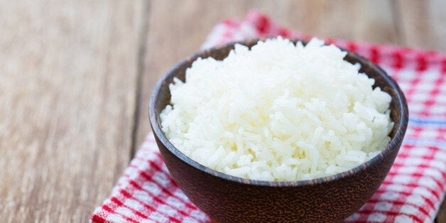 Jasmine rice in a rice bowl on wood table