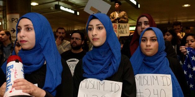 Demonstrators at Los Angeles International Airport protest against President Trump's executive order to ban entry into the US to travelers from seven Muslim countries. Los Angeles, California. January 31, 2017. (Photo by Ronen Tivony/NurPhoto via Getty Images)