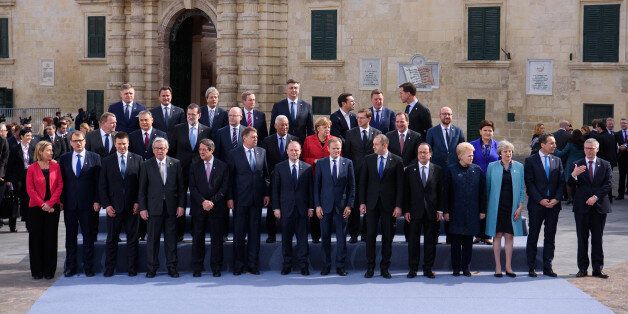 VALLETTA, MALTA - FEBRUARY 03: Delegates from the EU Informal Summit gather for the family photo on February 3, 2017 in Valletta, Malta. Theresa May attends an informal summit of the 27 EU leaders to brief them on her recent meeting with President Trump. She has secured a guarantee from Trump that he is 100% supportive of NATO and she will encourage the EU countries to contribute the agreed 2% of their GDP on defence. (Photo by Leon Neal-Pool/Getty Images)