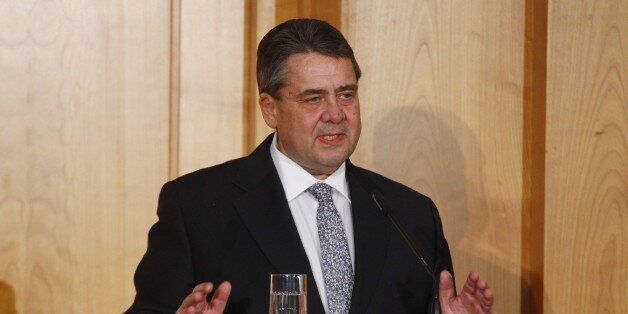 BERLIN, GERMANY - JANUARY 27 : New Foreign Minister Sigmar Gabriel speaks during a handover ceremony in the Federal Foreign Office in Berlin, Germany, 27 January 2017. (Photo by Michele Tantussi/Anadolu Agency/Getty Images)