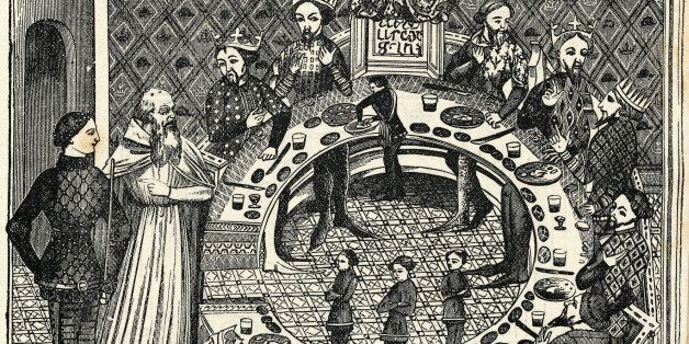 (Original Caption) Miniature illustration shows King Arthur and his Round Table.