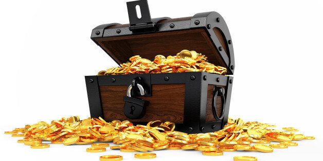 Digitally generated image of opened chest full of golden coins. Isolate on white