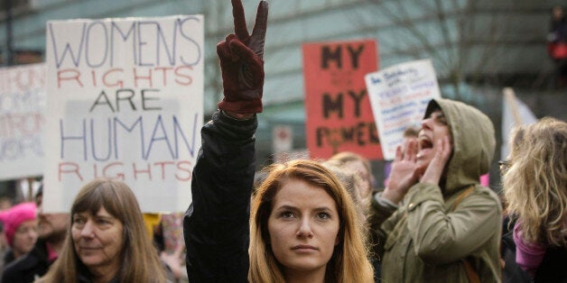 VANCOUVER, Jan. 21, 2017 : People attend the Women's March to protest against U.S. President Donald Trump's humiliation of women in downtown Vancouver, Canada, Jan. 21, 2017. Rallies of this kind were held in 30 Canadian cities on Saturday. (Xinhua/Liang Sen) (zcc via Getty Images)