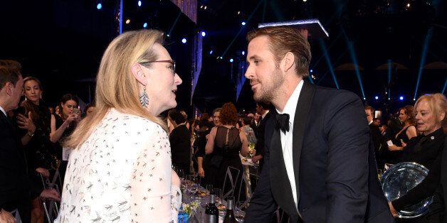 LOS ANGELES, CA - JANUARY 29: Actors Meryl Streep (L) and Ryan Gosling attend the 23rd Annual Screen Actors Guild Awards Cocktail Reception at The Shrine Expo Hall on January 29, 2017 in Los Angeles, California. (Photo by Kevork Djansezian/Getty Images)