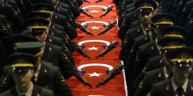 ANKARA, TURKEY - JANUARY 20: Contracted sergeant students are seen during oath-taking ceremony of Gendarmerie and Coast Guard Academy at Incek Campus in Ankara, Turkey on January 20, 2017. (Photo by Ercin Top/Anadolu Agency/Getty Images)