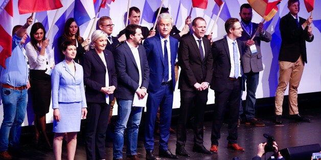 (L-R) Germany's Alternative for Germany (AfD) leader Frauke Petry, France's National Front leader Marine Le Pen, Italian Matteo Salvini of the Northern League, Netherlands' Party for Freedom (PVV) leader Geert Wilders, Harald Vilimsky of Austria's Freedom Party (FPOe) and Marcus Pretzell, ENF group member of the European Parliament arrive on stage for a European far-right leaders meeting to discuss about the European Union, in Koblenz, Germany, January 21, 2017. REUTERS/Wolfgang Rattay