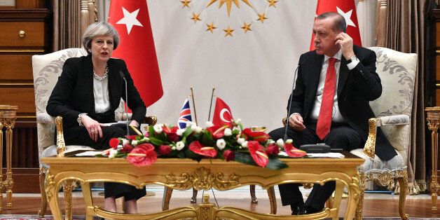 ANKARA, TURKEY - JANUARY 28: British Prime Minister Theresa May attends a meeting with President Recep Tayyip Erdogan at the Presidential Palace on January 28, 2017 in Ankara, Turkey. Prime Minister Theresa May is in Turkey to start post-Brexit trade talks with President Erdogan. Turkey joins 13 other countries in trade talks with the UK. (Photo by Andrew Parsons - Pool/Getty Images)