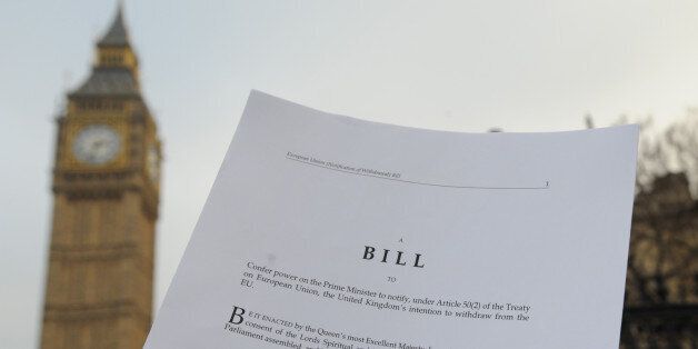 A copy of the Bill to trigger article 50, in front of the Houses of the Parliament in London. (Photo by Nick Ansell/PA Images via Getty Images)