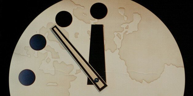 CHICAGO, UNITED STATES: The Bulletin of Atomic Scientist's 'Doomsday Clock' reads seven minutes to midnight after being adjusted two minutes closer 27 February, 2002 in Chicago, IL. The Doomsday Clock has been used by the Bulletin since 1947 to represent the perceived danger of a catastrophic nuclear event. AFP PHOTO Scott OLSON (Photo credit should read SCOTT OLSON/AFP/Getty Images)