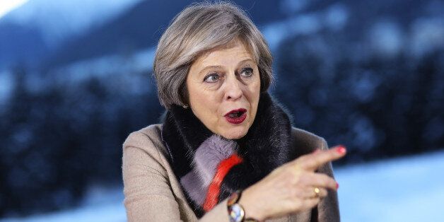 Theresa May, U.K. prime minister, gestures as she speaks following a Bloomberg Television interview during the World Economic Forum (WEF) in Davos, Switzerland, on Thursday, Jan. 19, 2017. World leaders, influential executives, bankers and policy makers attend the 47th annual meeting of the World Economic Forum in Davos from Jan. 17 - 20. Photographer: Simon Dawson/Bloomberg via Getty Images