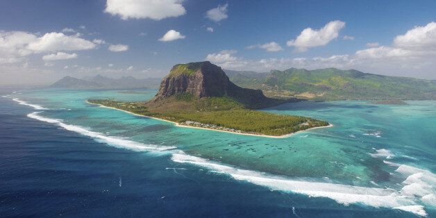 Mauritius island from helicopter. View on Le Morne mount and One Eye surf spot. Place with biggest waves on Muaritius.