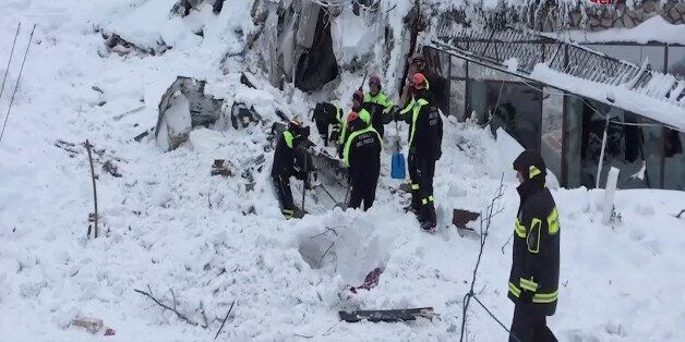 A still image taken from a video shows firefighters working at Hotel Rigopiano in Farindola, central Italy, after it was hit by an avalanche, January 20, 2017 provided by Italy's Fire Fighters.Vigili del Fuoco/Handout via REUTERS ATTENTION EDITORS - THIS IMAGE WAS PROVIDED BY A THIRD PARTY. EDITORIAL USE ONLY. TPX IMAGES OF THE DAY