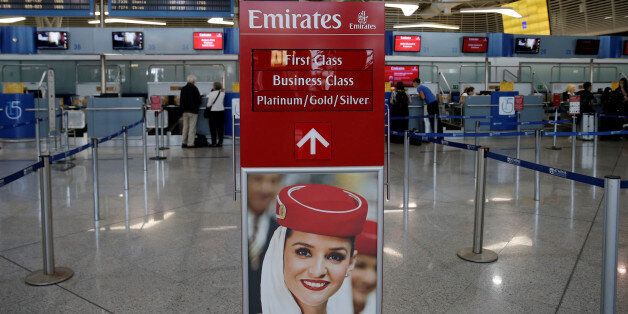 An Emirates Airlines sign indicates the entrance of the check-in area of the Eleftherios Venizelos International Airport in Athens, Greece, May 16, 2016. REUTERS/Alkis Konstantinidis