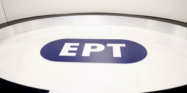 The logo of the reopened state broadcaster ERT is seen inside a studio in Athens June 11, 2015. Employees at Greece's state television ERT hugged each other and cried on Thursday as the channel aired its first broadcast in two years, after it was shut down under one of the previous government's most drastic austerity measures. Leftist Prime Minister Alexis Tsipras, who is racing to reach a cash-for-reforms deal with the European Union and IMF, had called ERT's closure