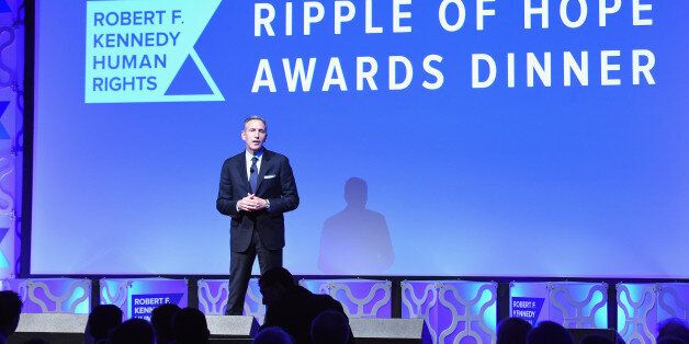 NEW YORK, NY - DECEMBER 06: Starbucks President and Chairman Howard Schultz accepts an award and speaks onstage at RFK Human RightsÂ Ripple of Hope Awards Honoring VP Joe Biden, Howard Schultz & Scott Minerd in New York City. (Photo by Kevin Mazur/Getty Images for RFK Ripple of Hope)